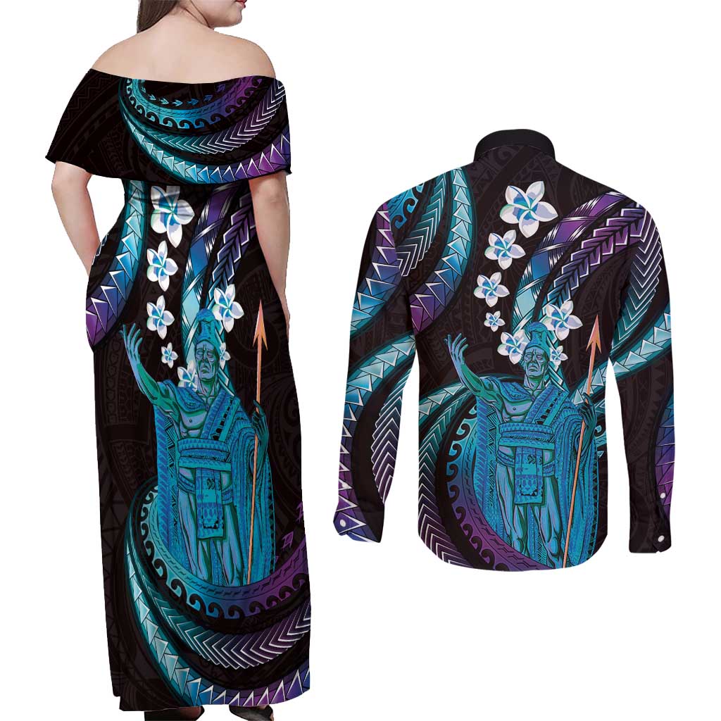Hawaii King Kamehameha Couples Matching Off Shoulder Maxi Dress and Long Sleeve Button Shirt Fantastic Plumeria Amethyst Gradient