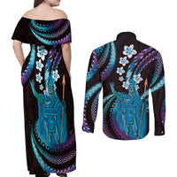 Hawaii King Kamehameha Couples Matching Off Shoulder Maxi Dress and Long Sleeve Button Shirt Fantastic Plumeria Amethyst Gradient