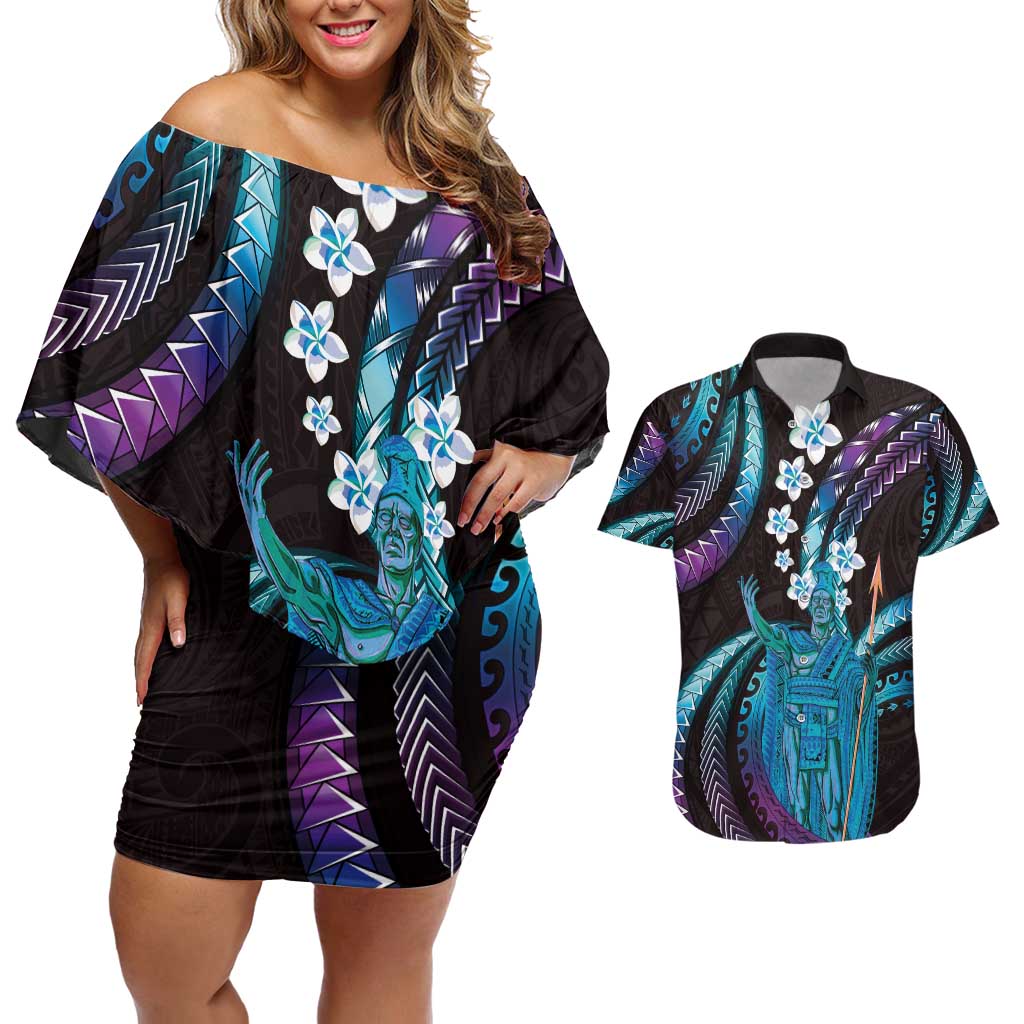 Hawaii King Kamehameha Couples Matching Off Shoulder Short Dress and Hawaiian Shirt Fantastic Plumeria Amethyst Gradient