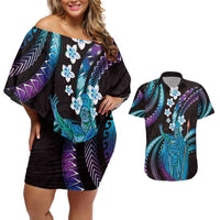 Hawaii King Kamehameha Couples Matching Off Shoulder Short Dress and Hawaiian Shirt Fantastic Plumeria Amethyst Gradient
