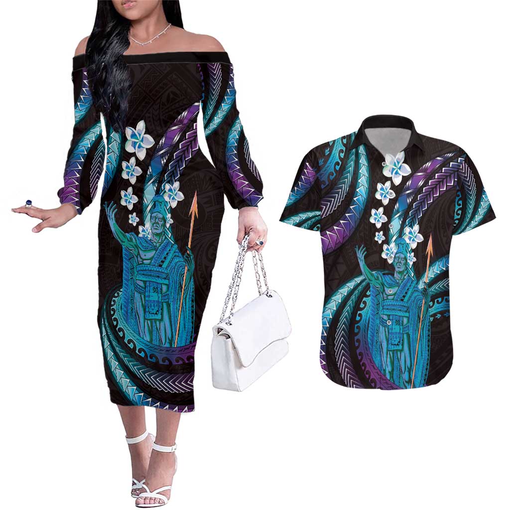 Hawaii King Kamehameha Couples Matching Off The Shoulder Long Sleeve Dress and Hawaiian Shirt Fantastic Plumeria Amethyst Gradient