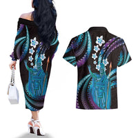 Hawaii King Kamehameha Couples Matching Off The Shoulder Long Sleeve Dress and Hawaiian Shirt Fantastic Plumeria Amethyst Gradient LT01 - Polynesian Pride
