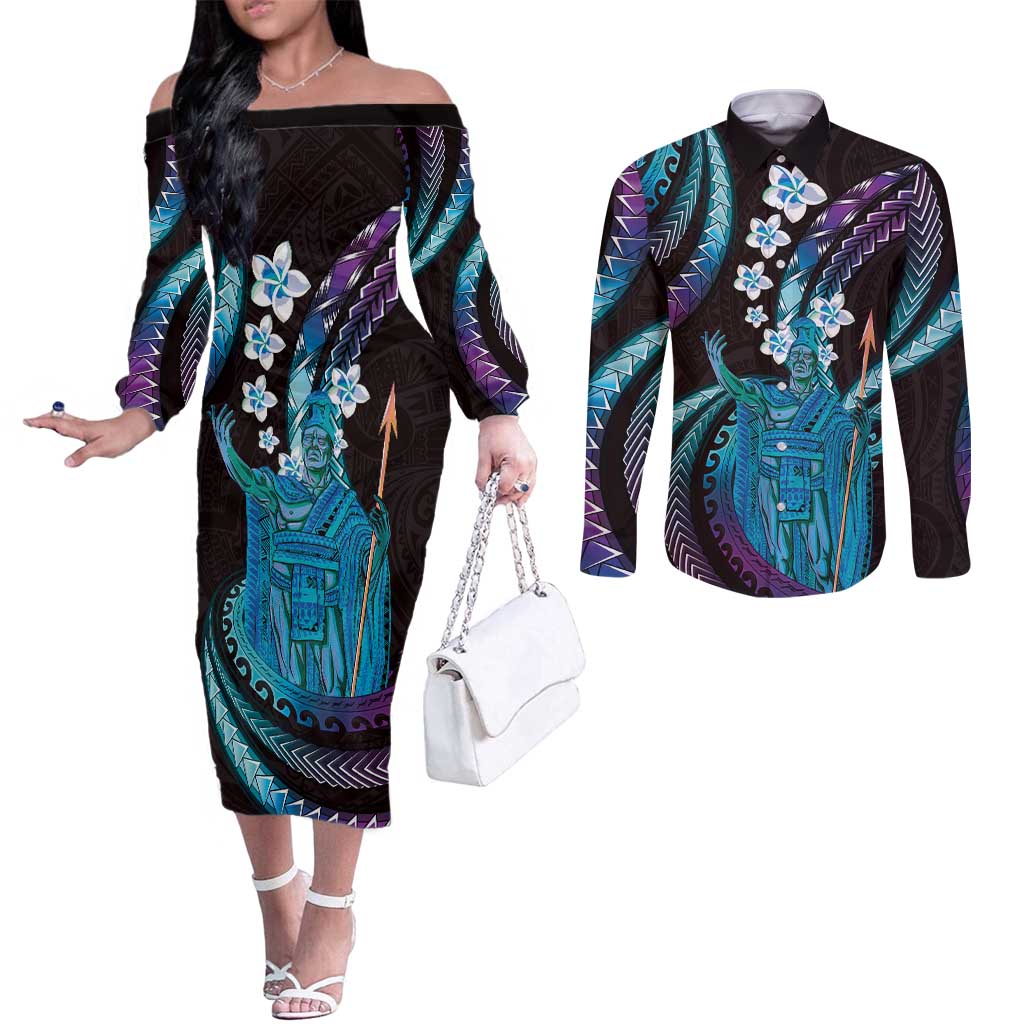 Hawaii King Kamehameha Couples Matching Off The Shoulder Long Sleeve Dress and Long Sleeve Button Shirt Fantastic Plumeria Amethyst Gradient