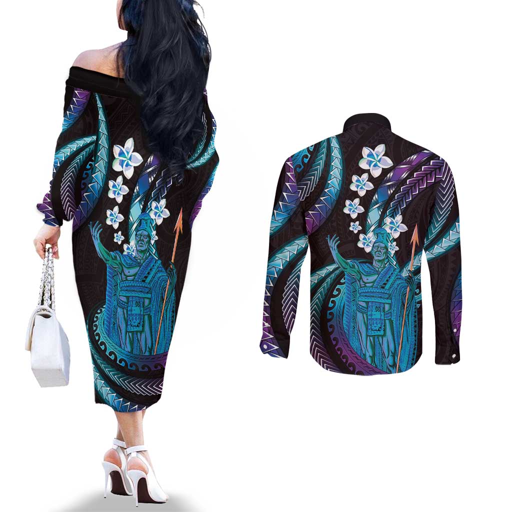 Hawaii King Kamehameha Couples Matching Off The Shoulder Long Sleeve Dress and Long Sleeve Button Shirt Fantastic Plumeria Amethyst Gradient