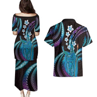 Hawaii King Kamehameha Couples Matching Puletasi and Hawaiian Shirt Fantastic Plumeria Amethyst Gradient