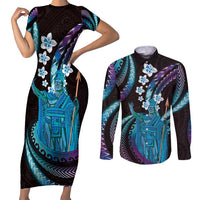Hawaii King Kamehameha Couples Matching Short Sleeve Bodycon Dress and Long Sleeve Button Shirt Fantastic Plumeria Amethyst Gradient
