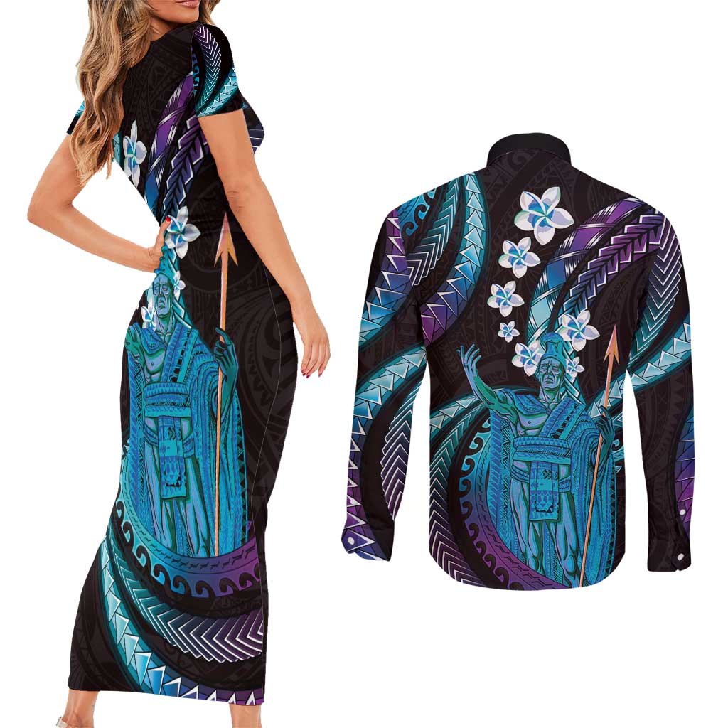 Hawaii King Kamehameha Couples Matching Short Sleeve Bodycon Dress and Long Sleeve Button Shirt Fantastic Plumeria Amethyst Gradient