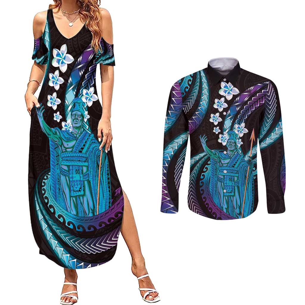 Hawaii King Kamehameha Couples Matching Summer Maxi Dress and Long Sleeve Button Shirt Fantastic Plumeria Amethyst Gradient