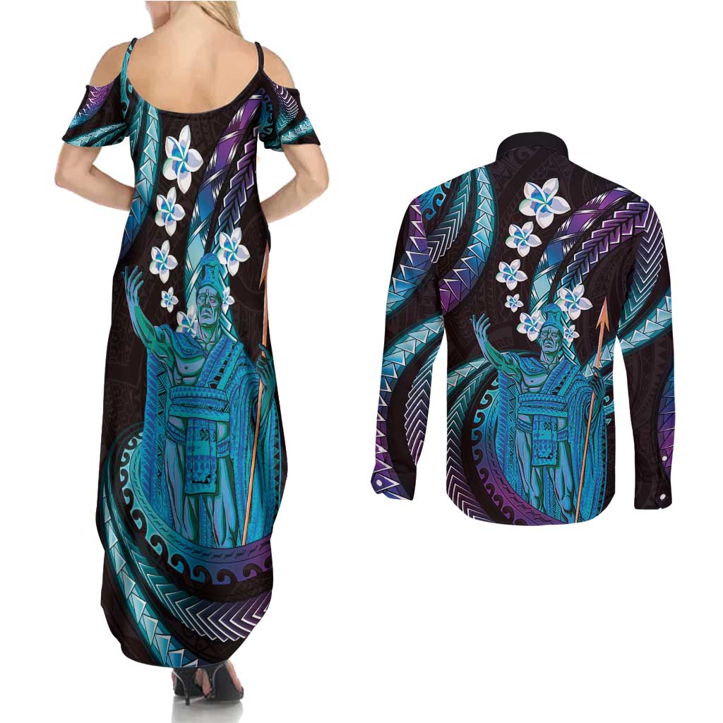 Hawaii King Kamehameha Couples Matching Summer Maxi Dress and Long Sleeve Button Shirt Fantastic Plumeria Amethyst Gradient