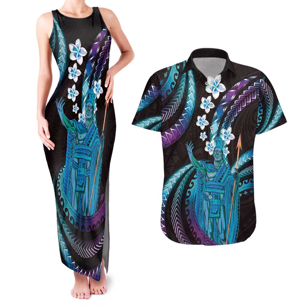 Hawaii King Kamehameha Couples Matching Tank Maxi Dress and Hawaiian Shirt Fantastic Plumeria Amethyst Gradient