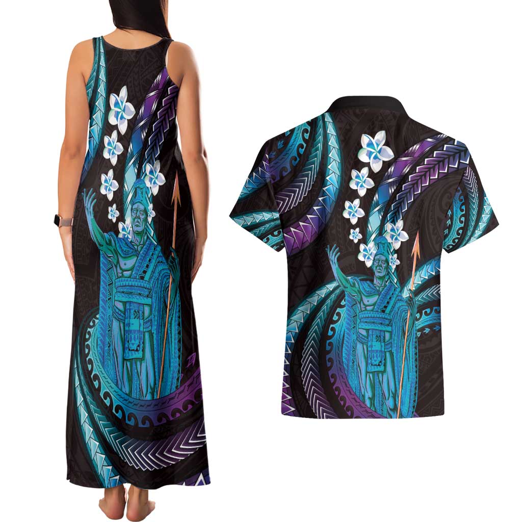 Hawaii King Kamehameha Couples Matching Tank Maxi Dress and Hawaiian Shirt Fantastic Plumeria Amethyst Gradient