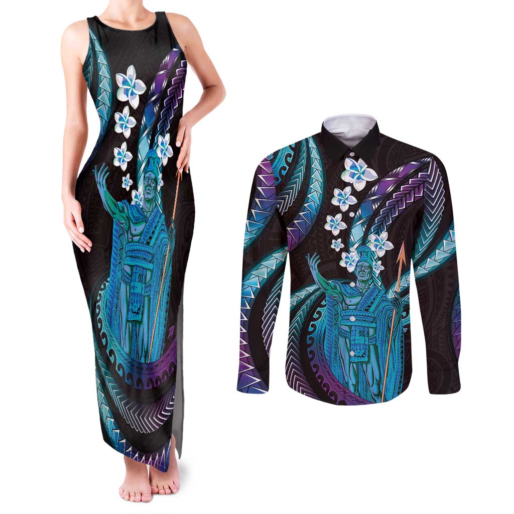 Hawaii King Kamehameha Couples Matching Tank Maxi Dress and Long Sleeve Button Shirt Fantastic Plumeria Amethyst Gradient