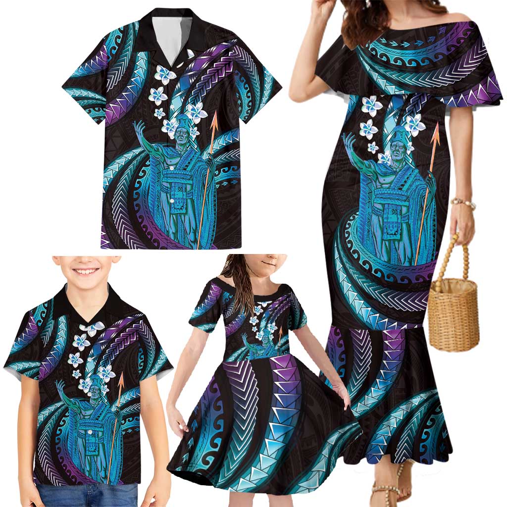 Hawaii King Kamehameha Family Matching Mermaid Dress and Hawaiian Shirt Fantastic Plumeria Amethyst Gradient LT01 - Polynesian Pride