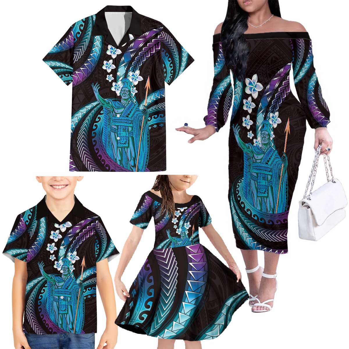 Hawaii King Kamehameha Family Matching Off The Shoulder Long Sleeve Dress and Hawaiian Shirt Fantastic Plumeria Amethyst Gradient LT01 - Polynesian Pride