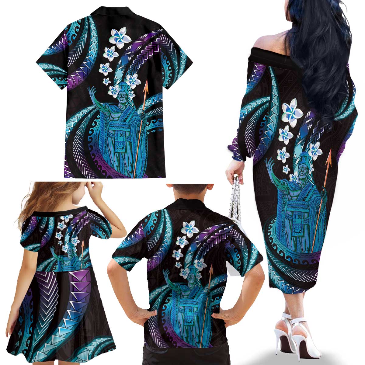 Hawaii King Kamehameha Family Matching Off The Shoulder Long Sleeve Dress and Hawaiian Shirt Fantastic Plumeria Amethyst Gradient LT01 - Polynesian Pride