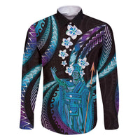 Hawaii King Kamehameha Family Matching Off The Shoulder Long Sleeve Dress and Hawaiian Shirt Fantastic Plumeria Amethyst Gradient LT01 Dad's Shirt - Long Sleeve Purple - Polynesian Pride