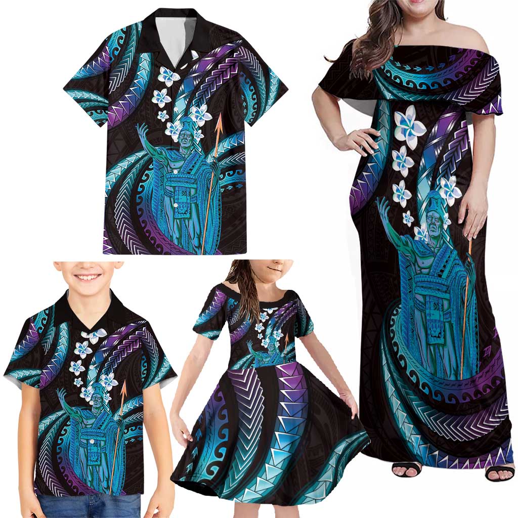 Hawaii King Kamehameha Family Matching Off Shoulder Maxi Dress and Hawaiian Shirt Fantastic Plumeria Amethyst Gradient LT01 - Polynesian Pride