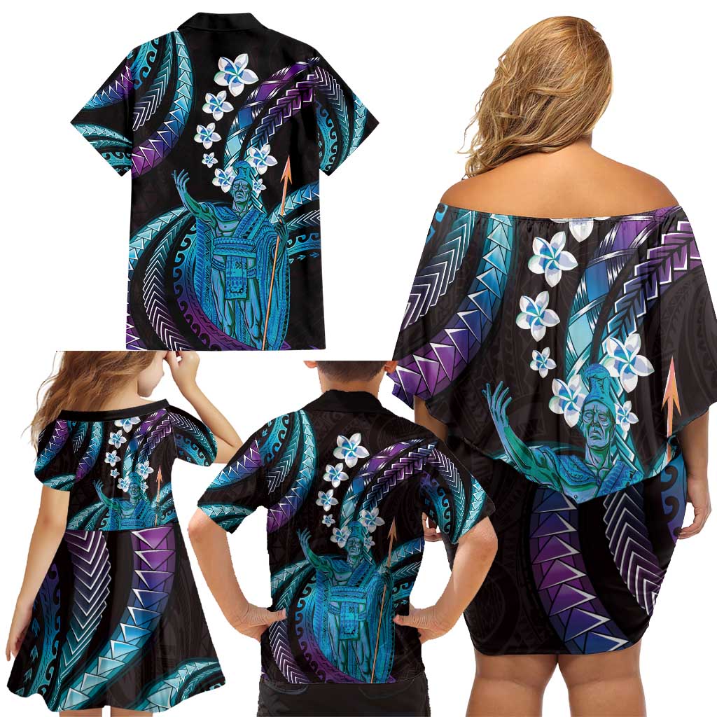 Hawaii King Kamehameha Family Matching Off Shoulder Short Dress and Hawaiian Shirt Fantastic Plumeria Amethyst Gradient LT01 - Polynesian Pride