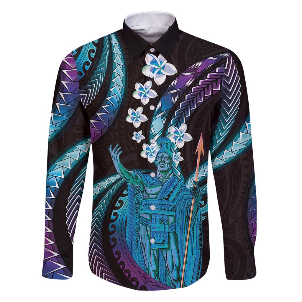 Hawaii King Kamehameha Family Matching Off Shoulder Short Dress and Hawaiian Shirt Fantastic Plumeria Amethyst Gradient LT01 Dad's Shirt - Long Sleeve Purple - Polynesian Pride