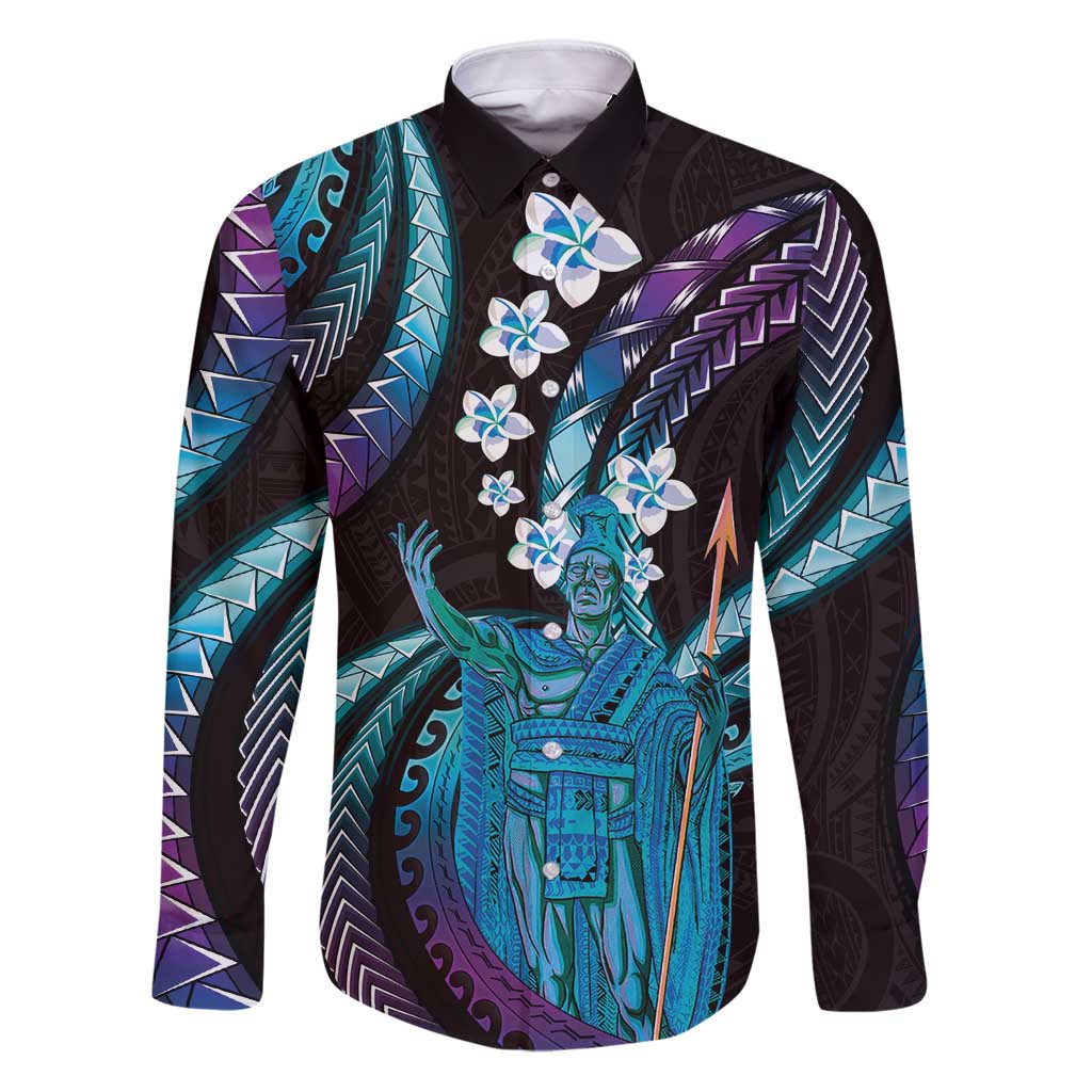 Hawaii King Kamehameha Family Matching Puletasi and Hawaiian Shirt Fantastic Plumeria Amethyst Gradient LT01 Dad's Shirt - Long Sleeve Purple - Polynesian Pride