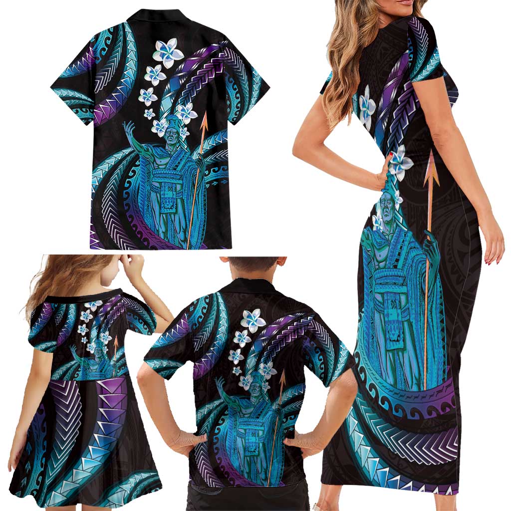 Hawaii King Kamehameha Family Matching Short Sleeve Bodycon Dress and Hawaiian Shirt Fantastic Plumeria Amethyst Gradient LT01 - Polynesian Pride