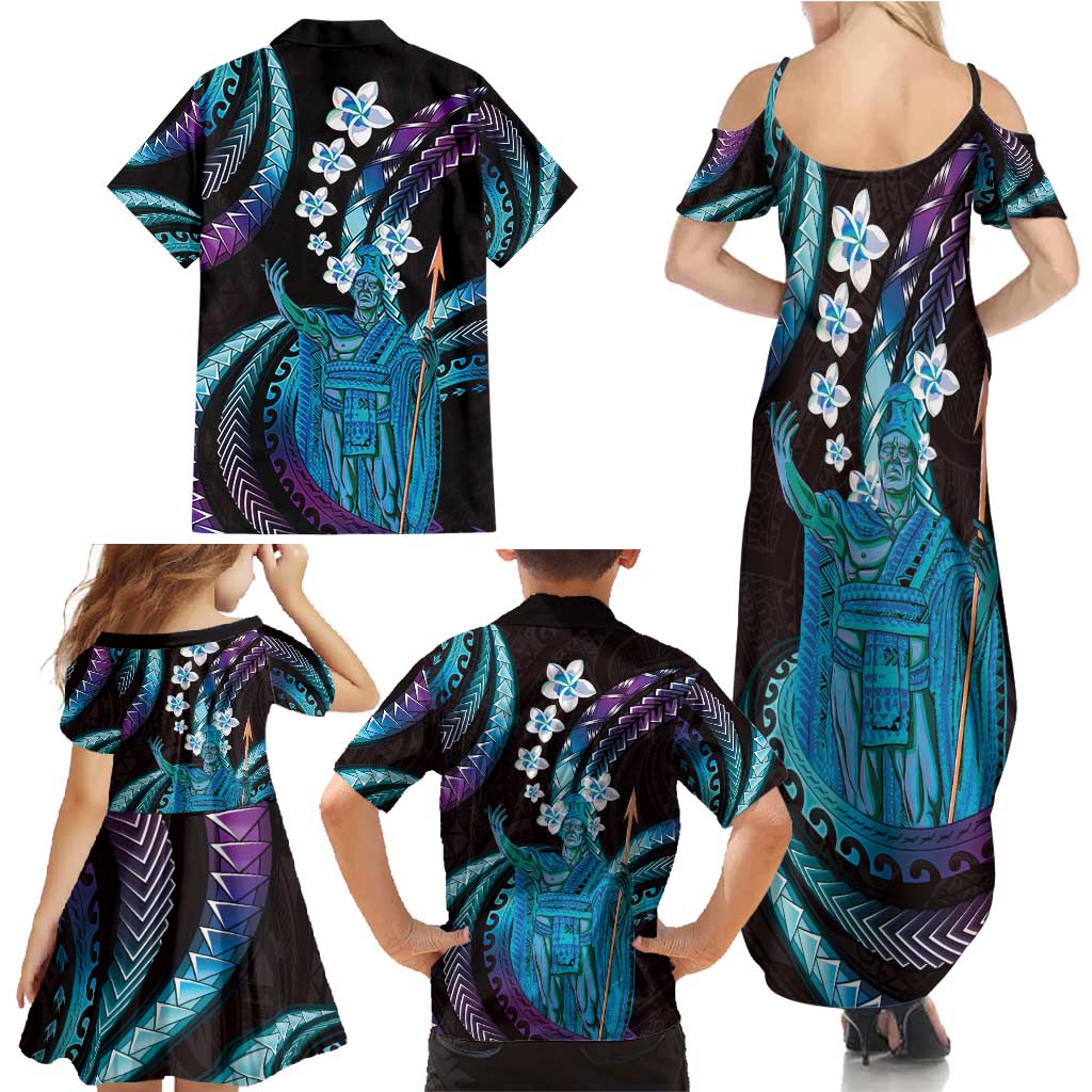 Hawaii King Kamehameha Family Matching Summer Maxi Dress and Hawaiian Shirt Fantastic Plumeria Amethyst Gradient LT01 - Polynesian Pride