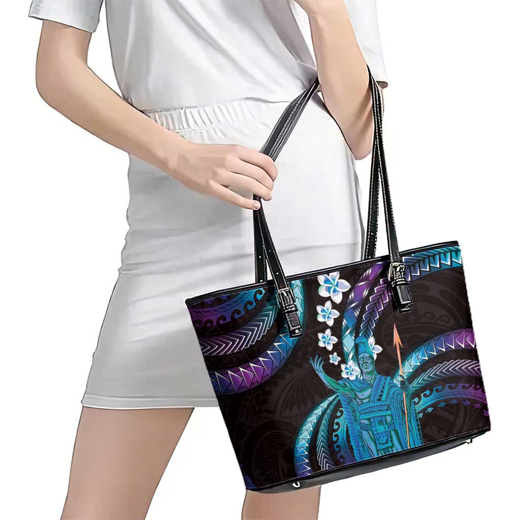 Hawaii King Kamehameha Leather Tote Bag Fantastic Plumeria Amethyst Gradient LT01 - Polynesian Pride