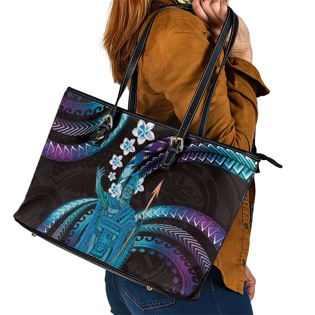 Hawaii King Kamehameha Leather Tote Bag Fantastic Plumeria Amethyst Gradient LT01 - Polynesian Pride