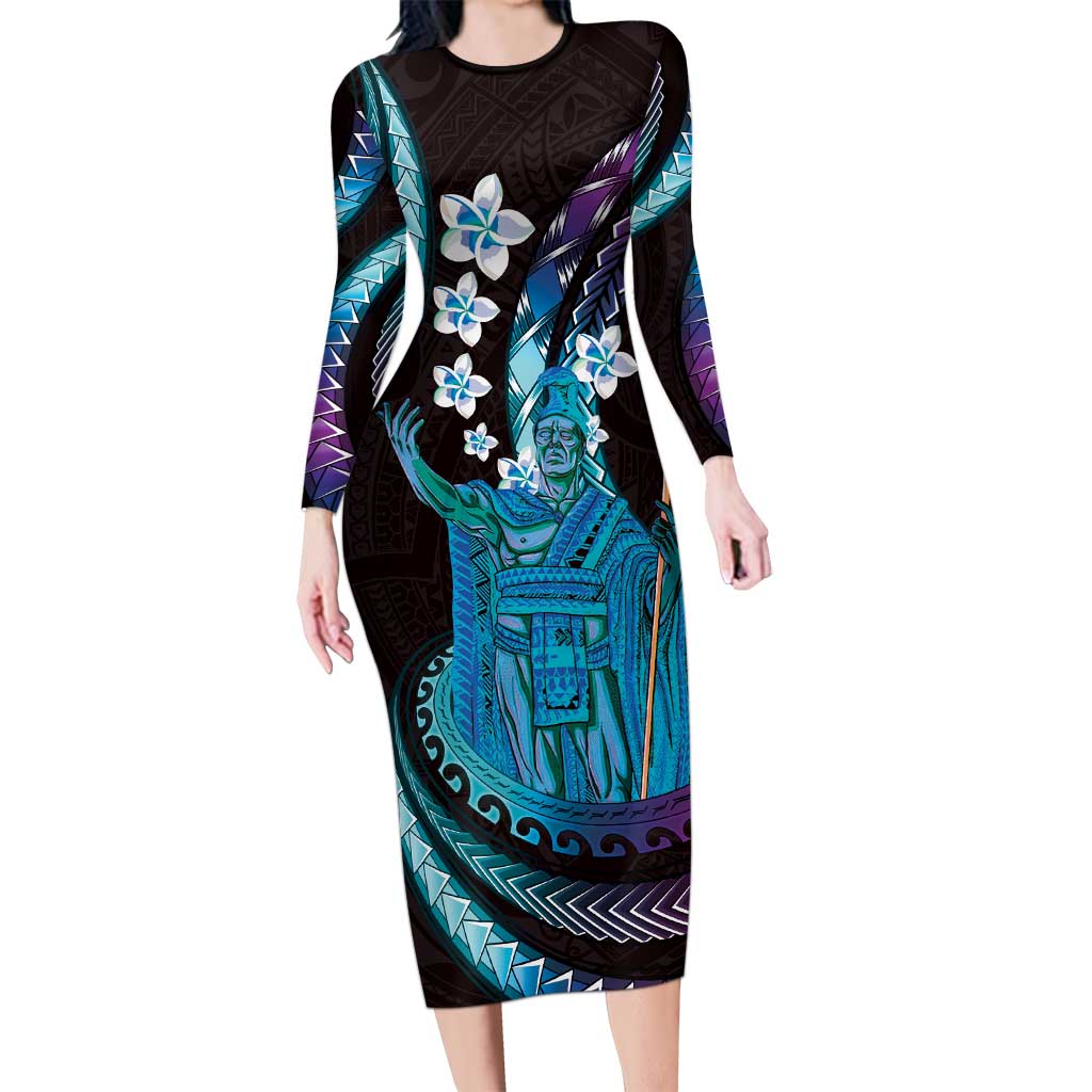Hawaii King Kamehameha Long Sleeve Bodycon Dress Fantastic Plumeria Amethyst Gradient