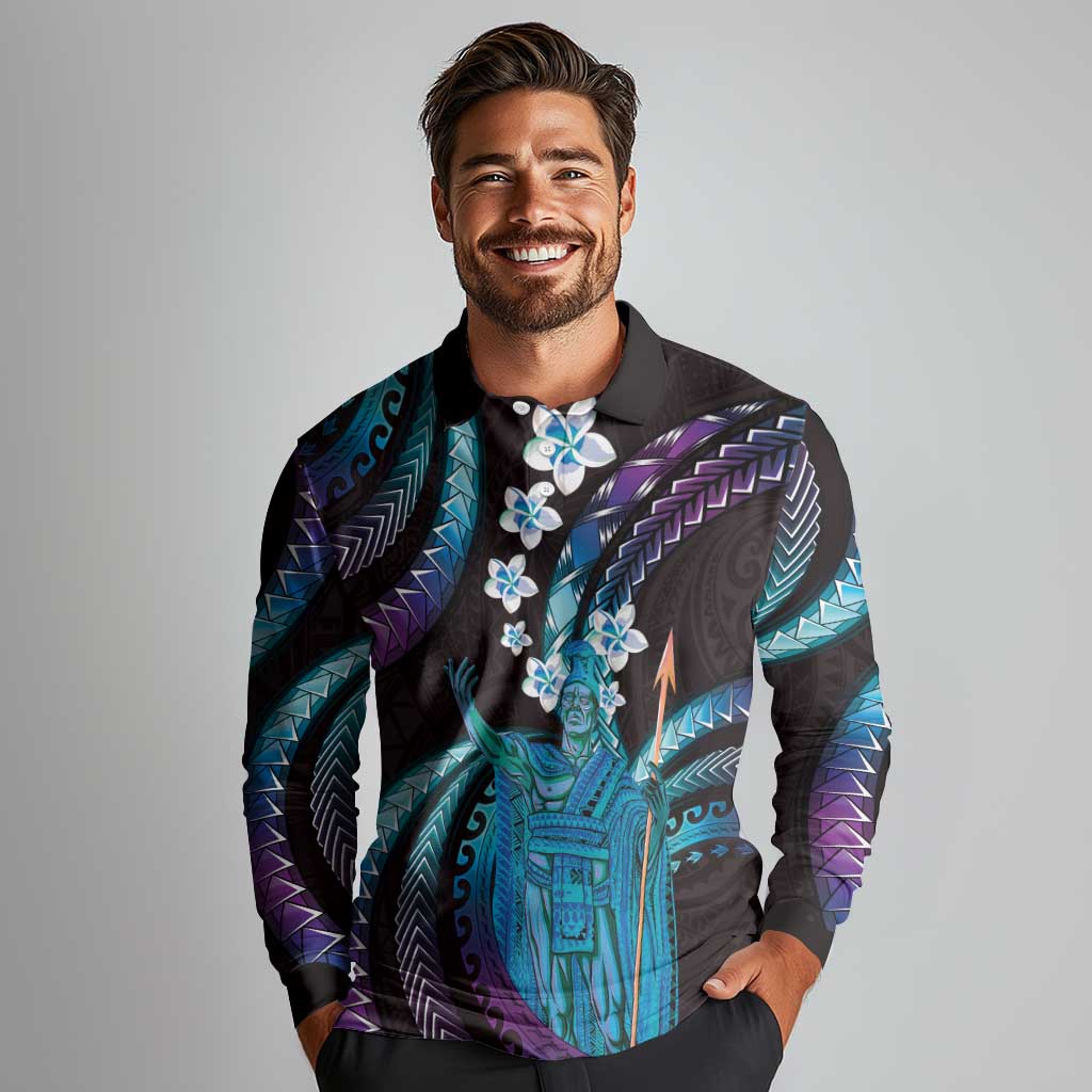 Hawaii King Kamehameha Long Sleeve Polo Shirt Fantastic Plumeria Amethyst Gradient