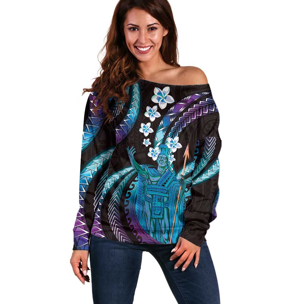Hawaii King Kamehameha Off Shoulder Sweater Fantastic Plumeria Amethyst Gradient