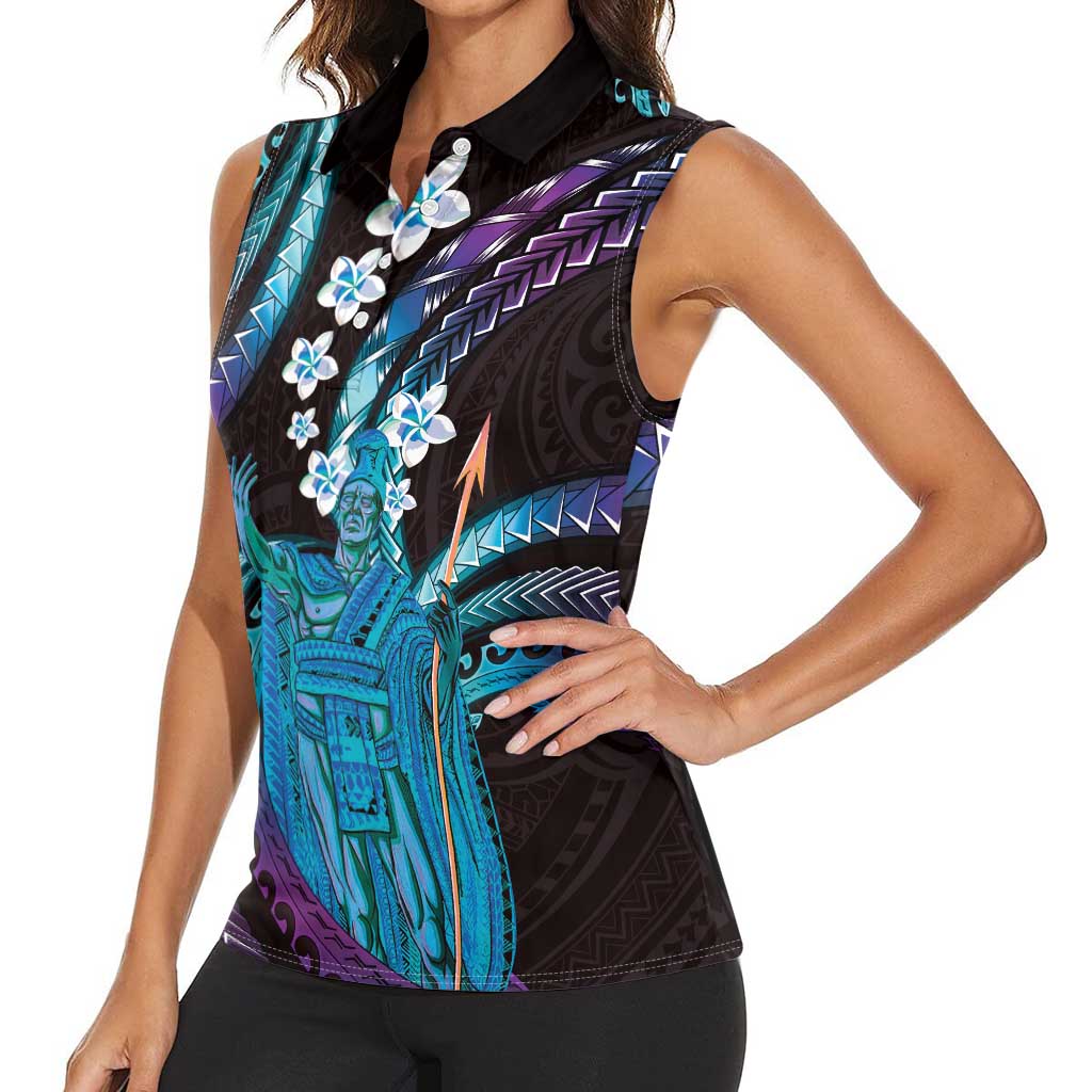 Hawaii King Kamehameha Women Sleeveless Polo Shirt Fantastic Plumeria Amethyst Gradient