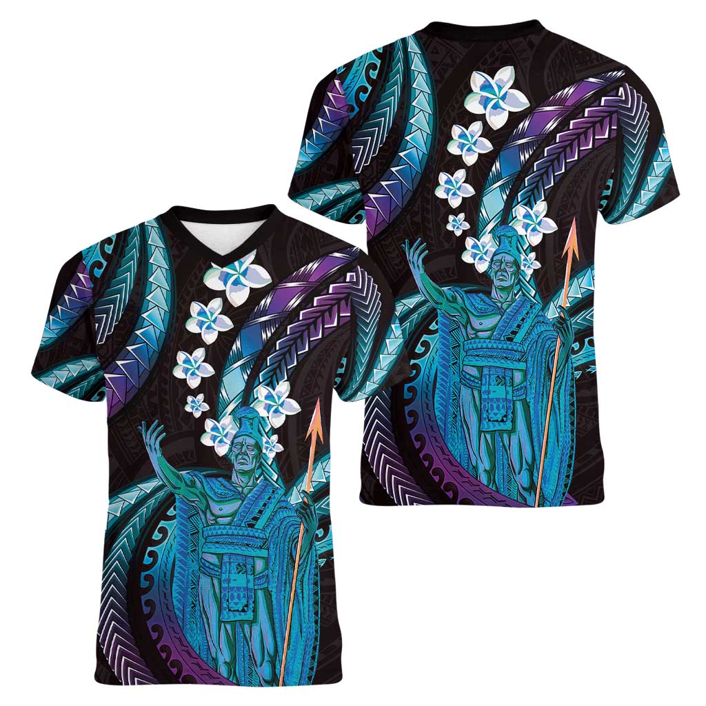 Hawaii King Kamehameha Women V-Neck T-Shirt Fantastic Plumeria Amethyst Gradient