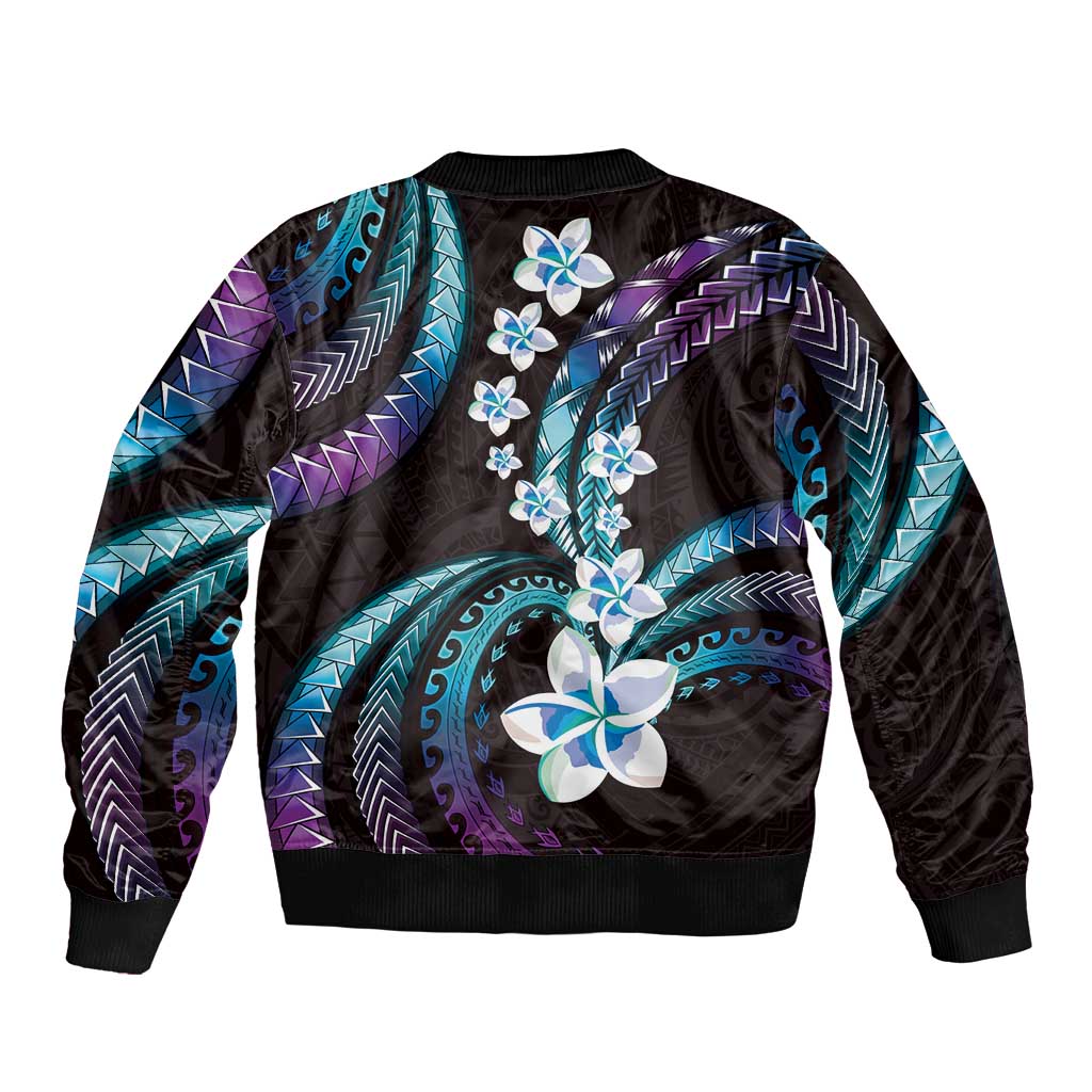 Hawaii Plumeria Bomber Jacket Amethyst Gradient Polynesian Pattern