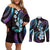 Hawaii Plumeria Couples Matching Off Shoulder Short Dress and Long Sleeve Button Shirt Amethyst Gradient Polynesian Pattern