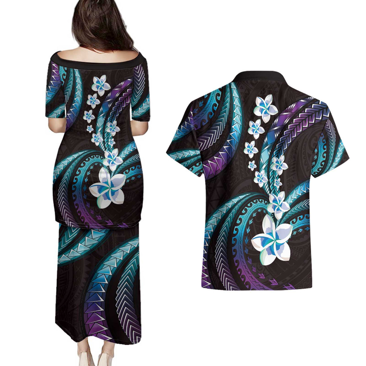 Hawaii Plumeria Couples Matching Puletasi and Hawaiian Shirt Amethyst Gradient Polynesian Pattern