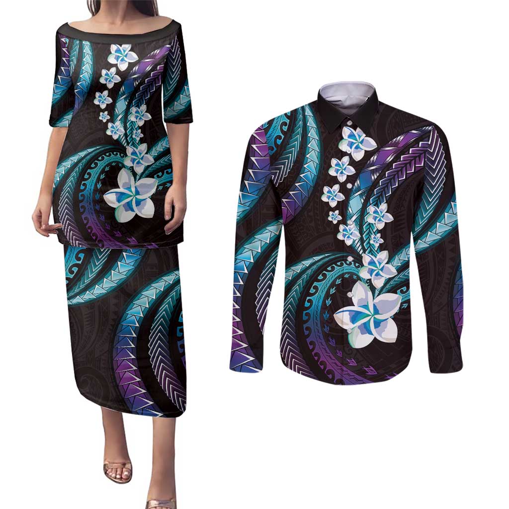 Hawaii Plumeria Couples Matching Puletasi and Long Sleeve Button Shirt Amethyst Gradient Polynesian Pattern