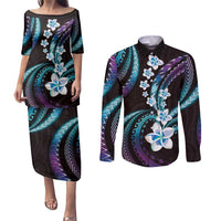 Hawaii Plumeria Couples Matching Puletasi and Long Sleeve Button Shirt Amethyst Gradient Polynesian Pattern
