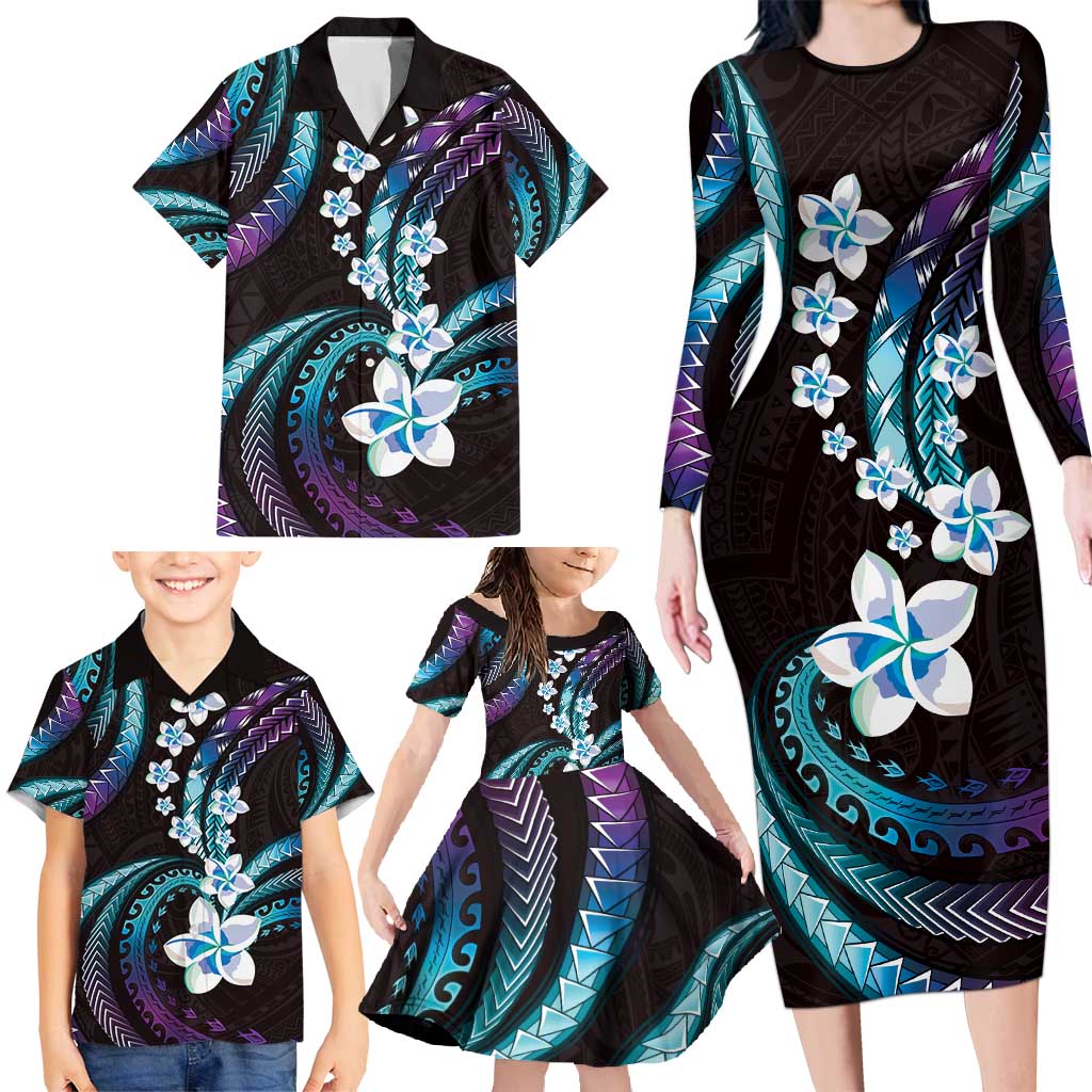 Hawaii Plumeria Family Matching Long Sleeve Bodycon Dress and Hawaiian Shirt Amethyst Gradient Polynesian Pattern LT01 - Polynesian Pride