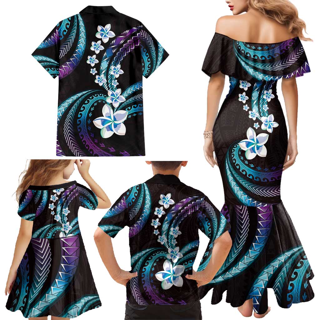 Hawaii Plumeria Family Matching Mermaid Dress and Hawaiian Shirt Amethyst Gradient Polynesian Pattern