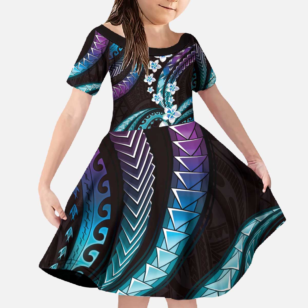 Hawaii Plumeria Family Matching Off The Shoulder Long Sleeve Dress and Hawaiian Shirt Amethyst Gradient Polynesian Pattern