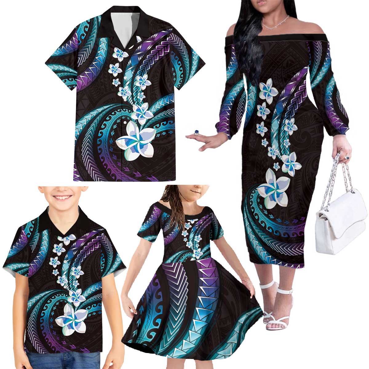 Hawaii Plumeria Family Matching Off The Shoulder Long Sleeve Dress and Hawaiian Shirt Amethyst Gradient Polynesian Pattern LT01 - Polynesian Pride