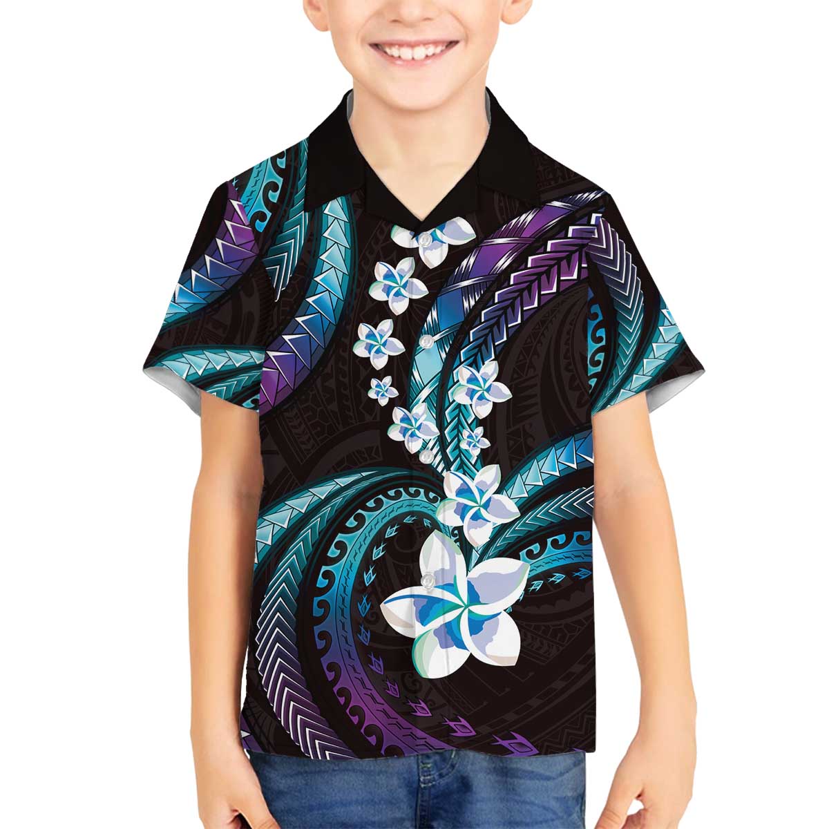 Hawaii Plumeria Family Matching Off The Shoulder Long Sleeve Dress and Hawaiian Shirt Amethyst Gradient Polynesian Pattern