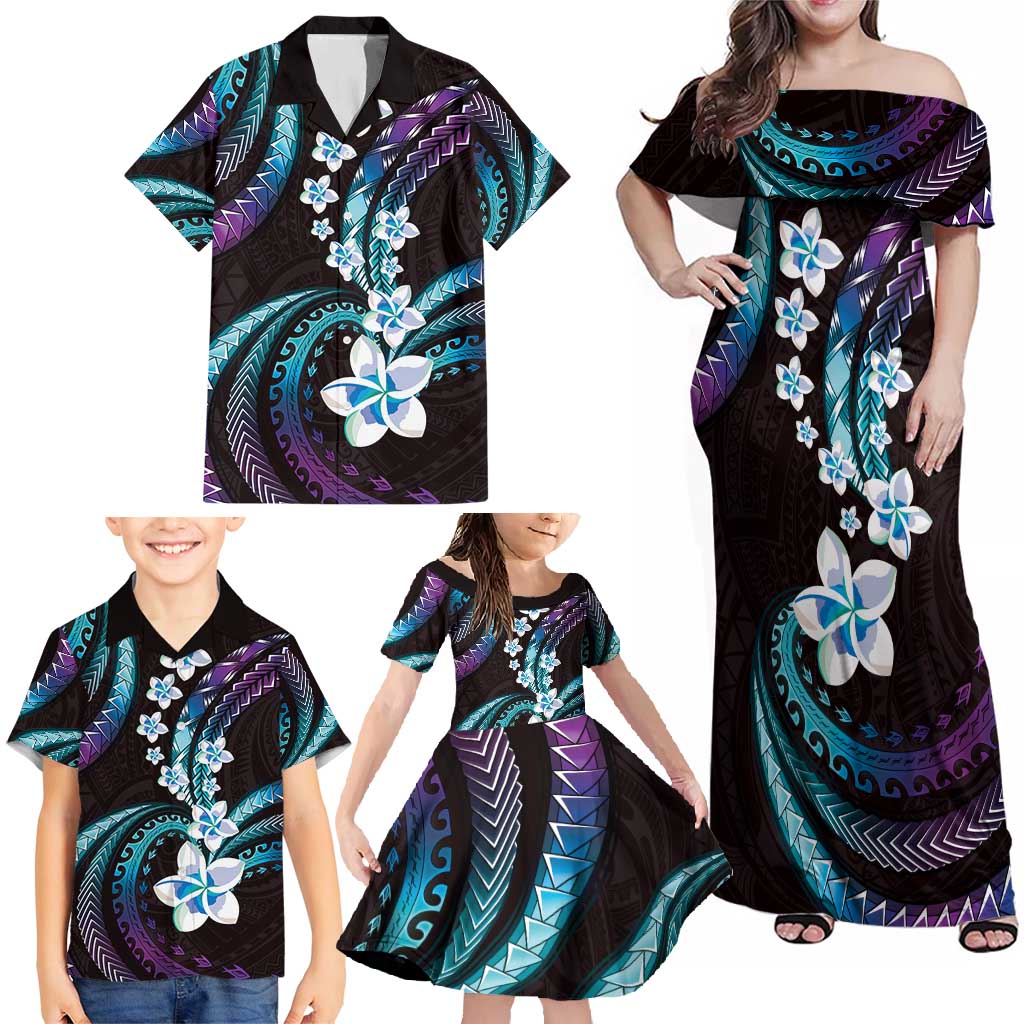 Hawaii Plumeria Family Matching Off Shoulder Maxi Dress and Hawaiian Shirt Amethyst Gradient Polynesian Pattern LT01 - Polynesian Pride
