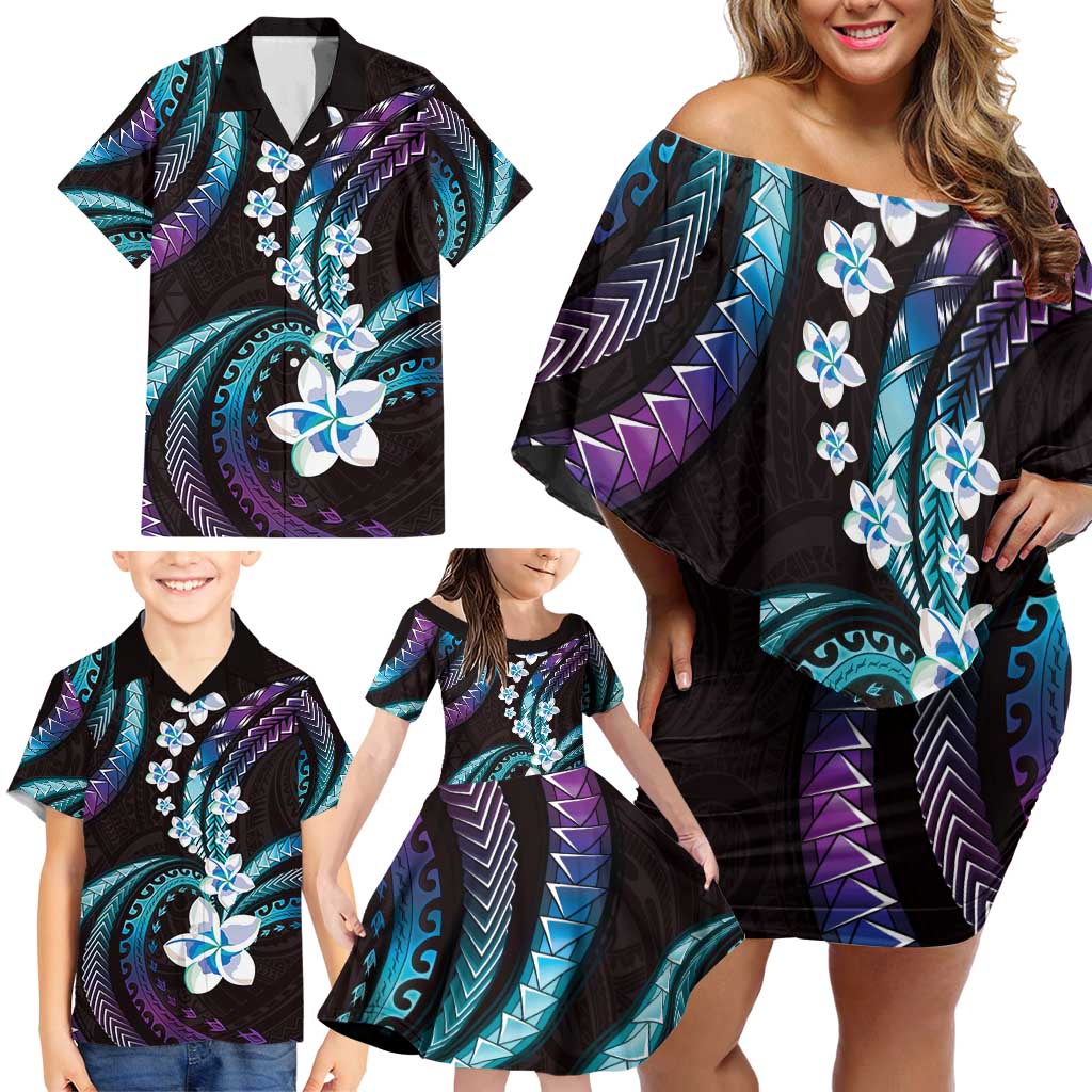 Hawaii Plumeria Family Matching Off Shoulder Short Dress and Hawaiian Shirt Amethyst Gradient Polynesian Pattern LT01 - Polynesian Pride