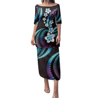Hawaii Plumeria Family Matching Puletasi and Hawaiian Shirt Amethyst Gradient Polynesian Pattern