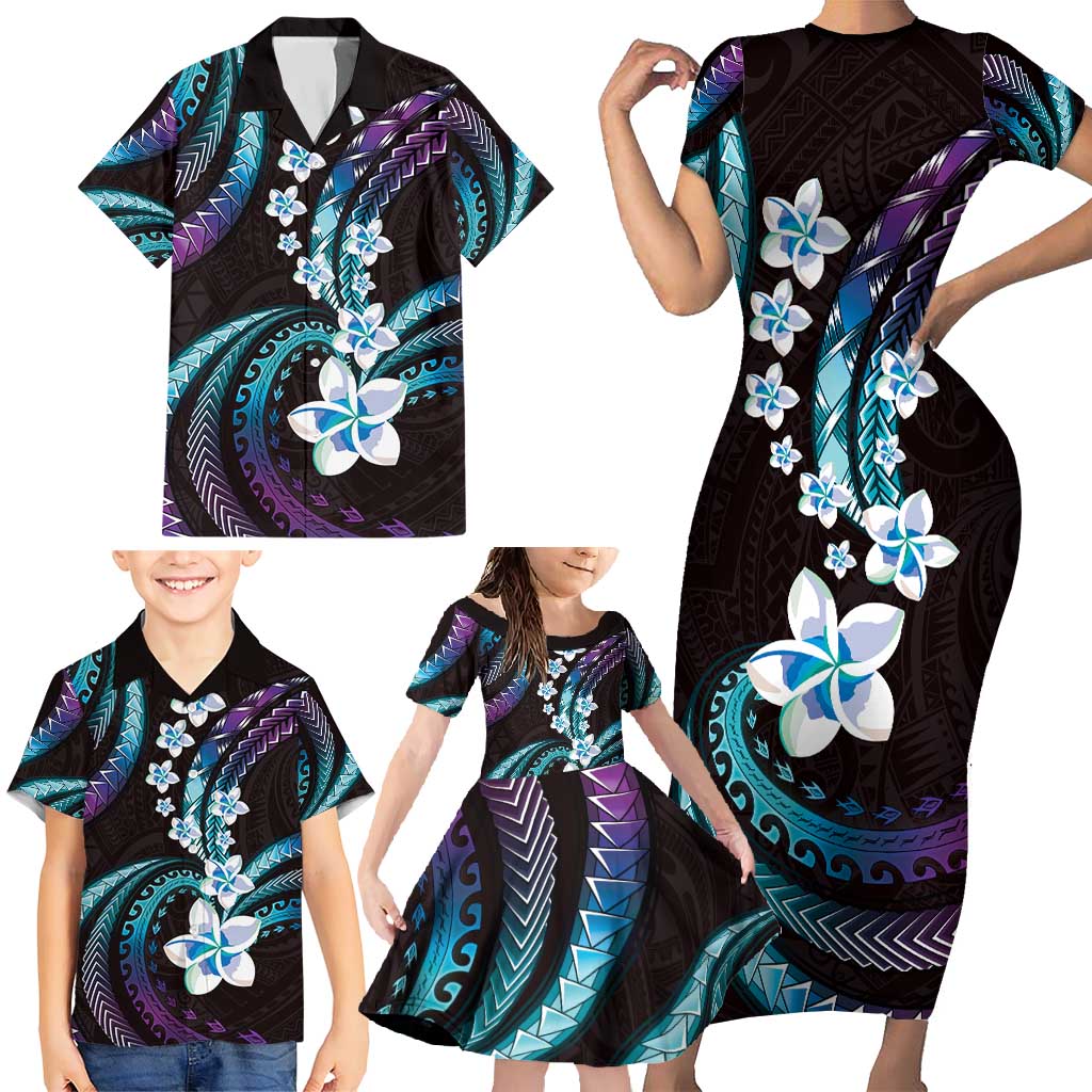 Hawaii Plumeria Family Matching Short Sleeve Bodycon Dress and Hawaiian Shirt Amethyst Gradient Polynesian Pattern LT01 - Polynesian Pride