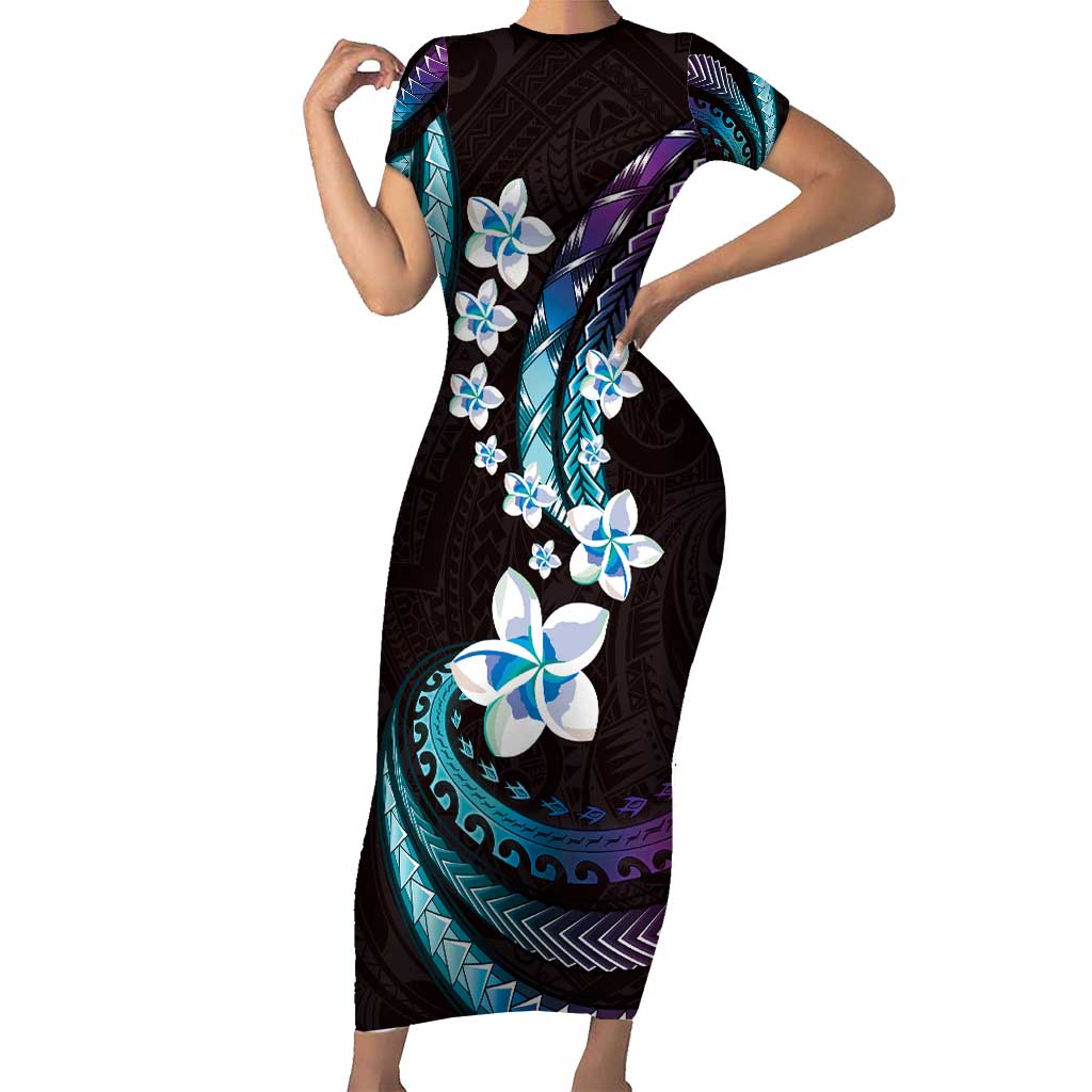 Hawaii Plumeria Family Matching Short Sleeve Bodycon Dress and Hawaiian Shirt Amethyst Gradient Polynesian Pattern