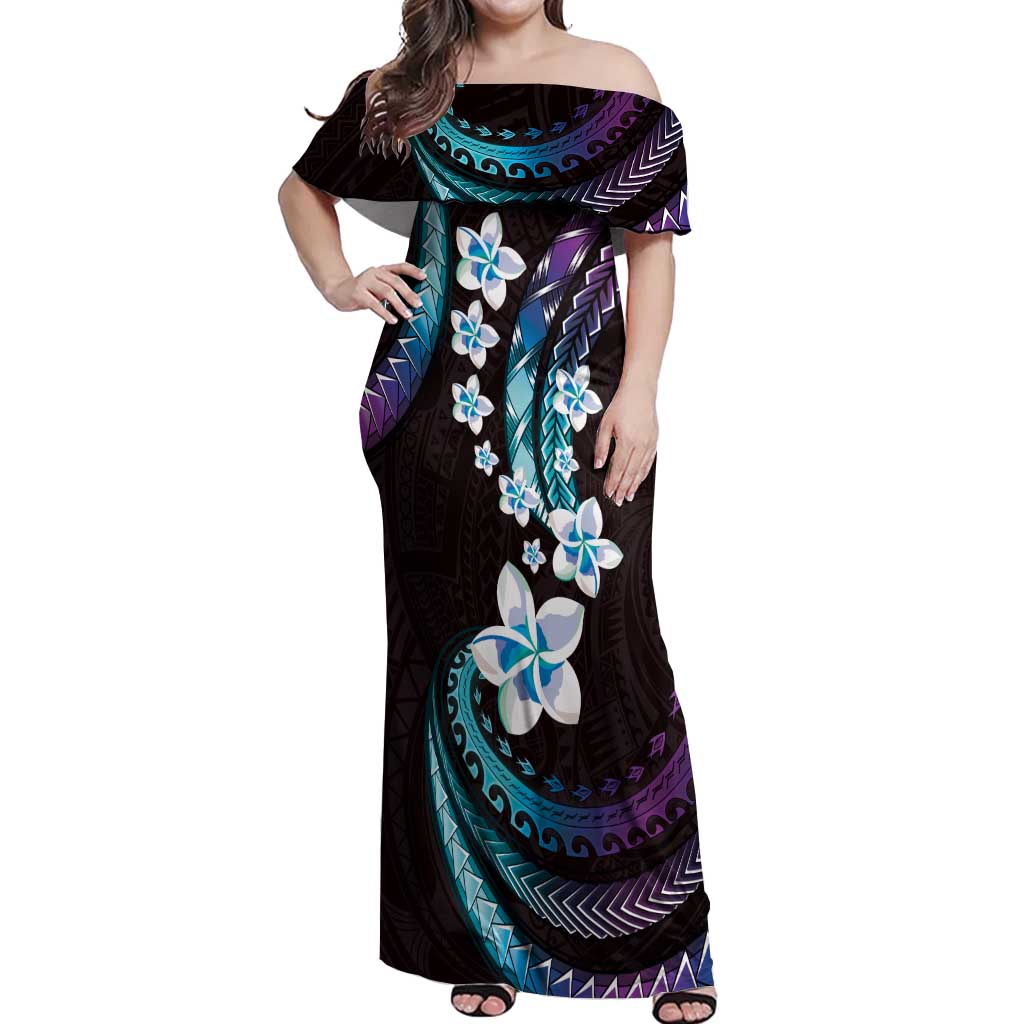 Hawaii Plumeria Off Shoulder Maxi Dress Amethyst Gradient Polynesian Pattern