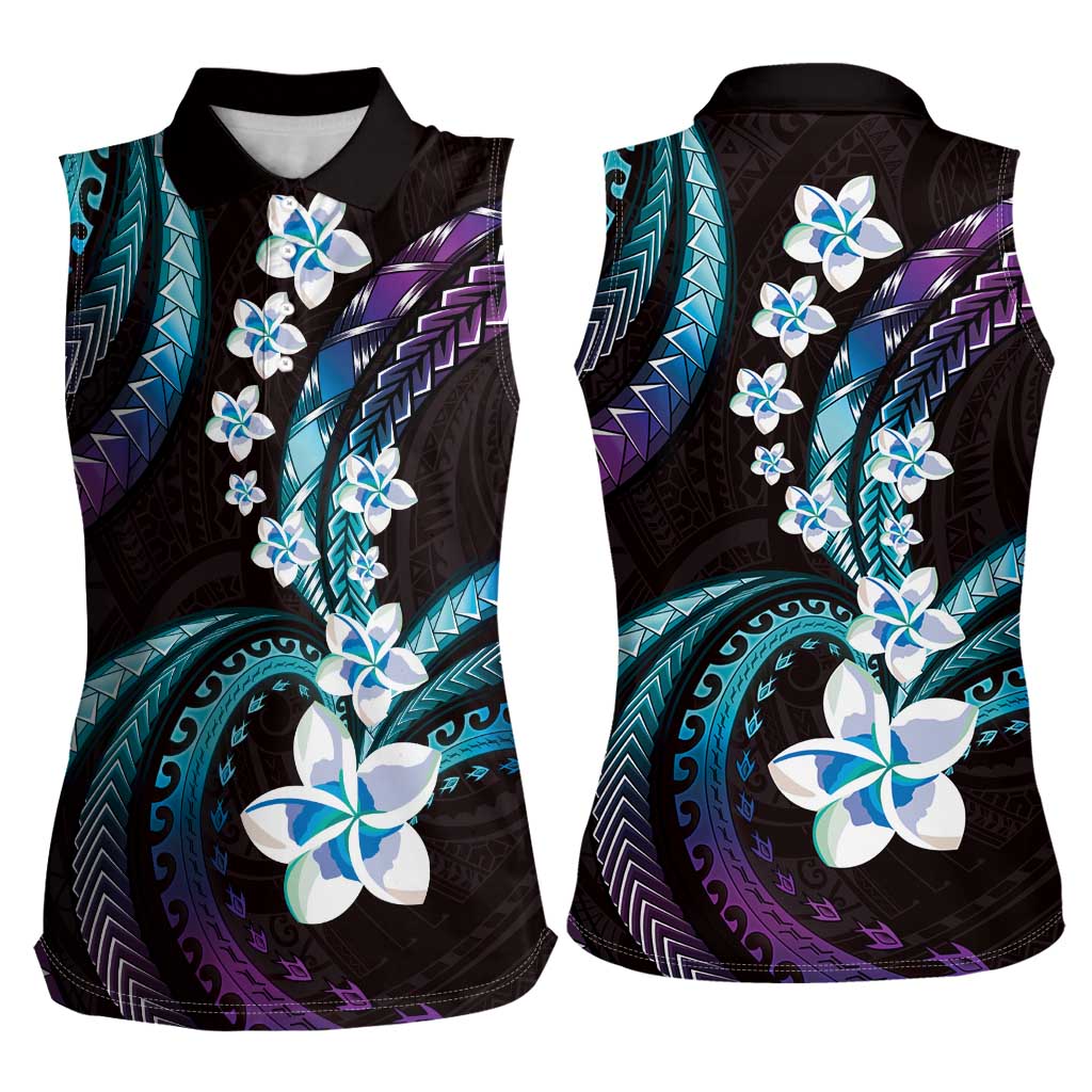 Hawaii Plumeria Women Sleeveless Polo Shirt Amethyst Gradient Polynesian Pattern